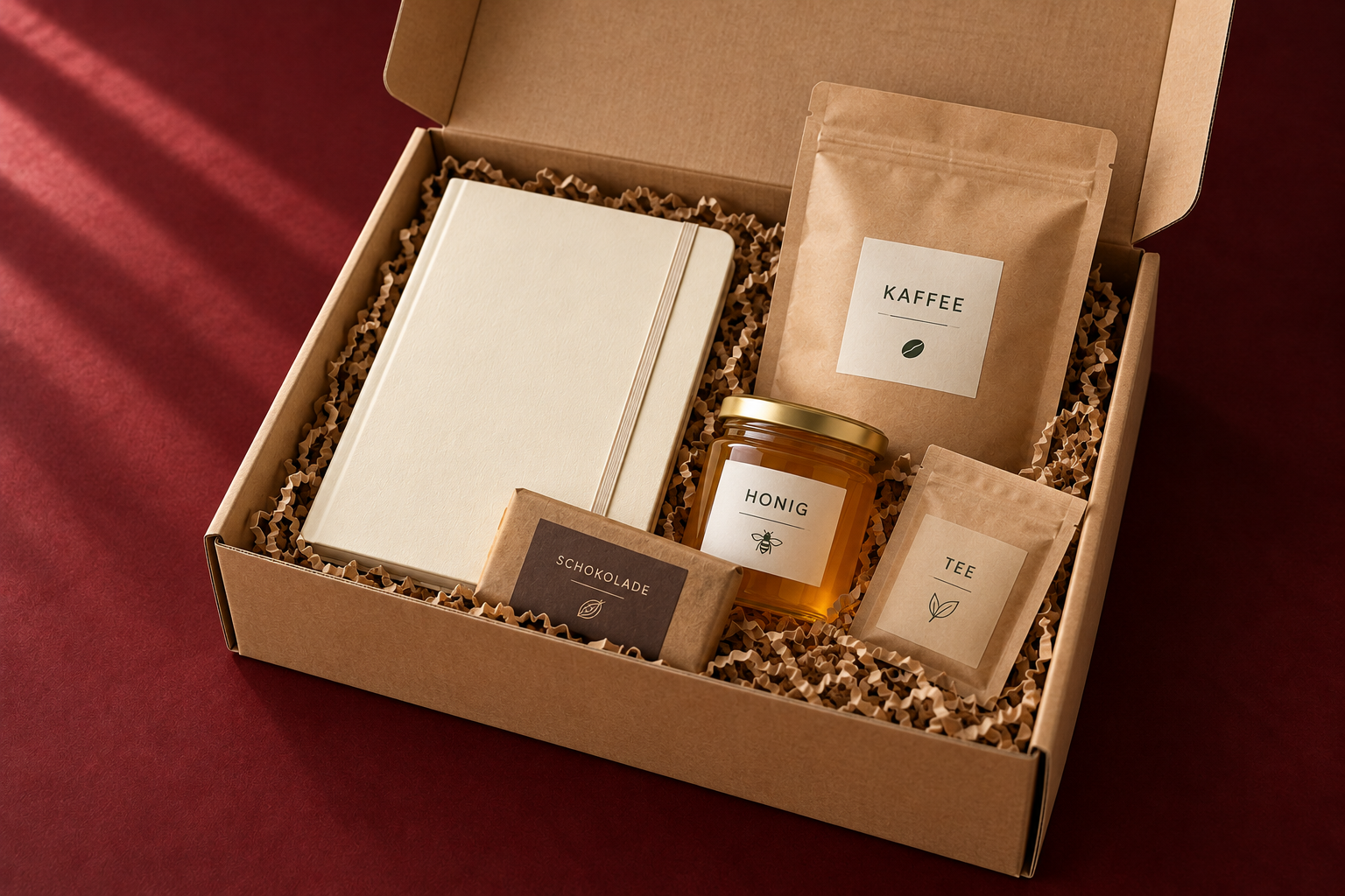 Geschenkbox mit Journal, Kaffee, Honig, Schokolade und Tee